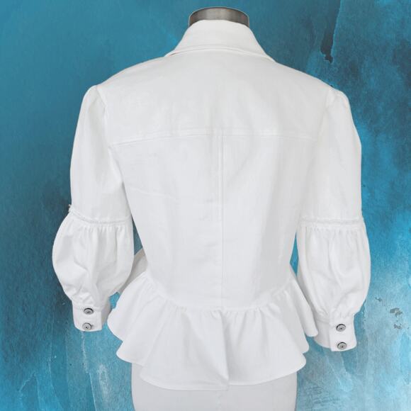 CINQ A SEPT Lizzie Puff Sleeve Peplum Denim Jacket in White Size 2 - Picture 4 of 13